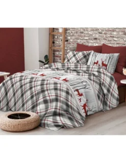 Copripiumino Fantasia Scozzese Cervo Rosso e Tartan Grigio in Cotone Double Face | Matrimoniale 255x200 cm con 2 Federe