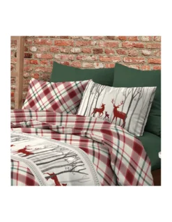Copripiumino Fantasia Scozzese Cervo Rosso in Cotone Double Face | Matrimoniale 255x200 cm con 2 Federe | Lavabile