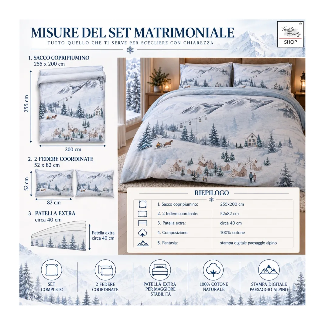 Copripiumino Matrimoniale Paesaggio Azzurro 100% Cotone Stampa Digitale Montagna Invernale