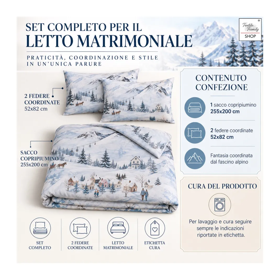 Copripiumino Matrimoniale Paesaggio Azzurro 100% Cotone Stampa Digitale Montagna Invernale