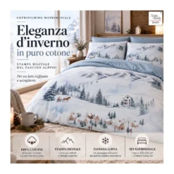 Copripiumino Matrimoniale Paesaggio Azzurro 100% Cotone Stampa Digitale Montagna Invernale