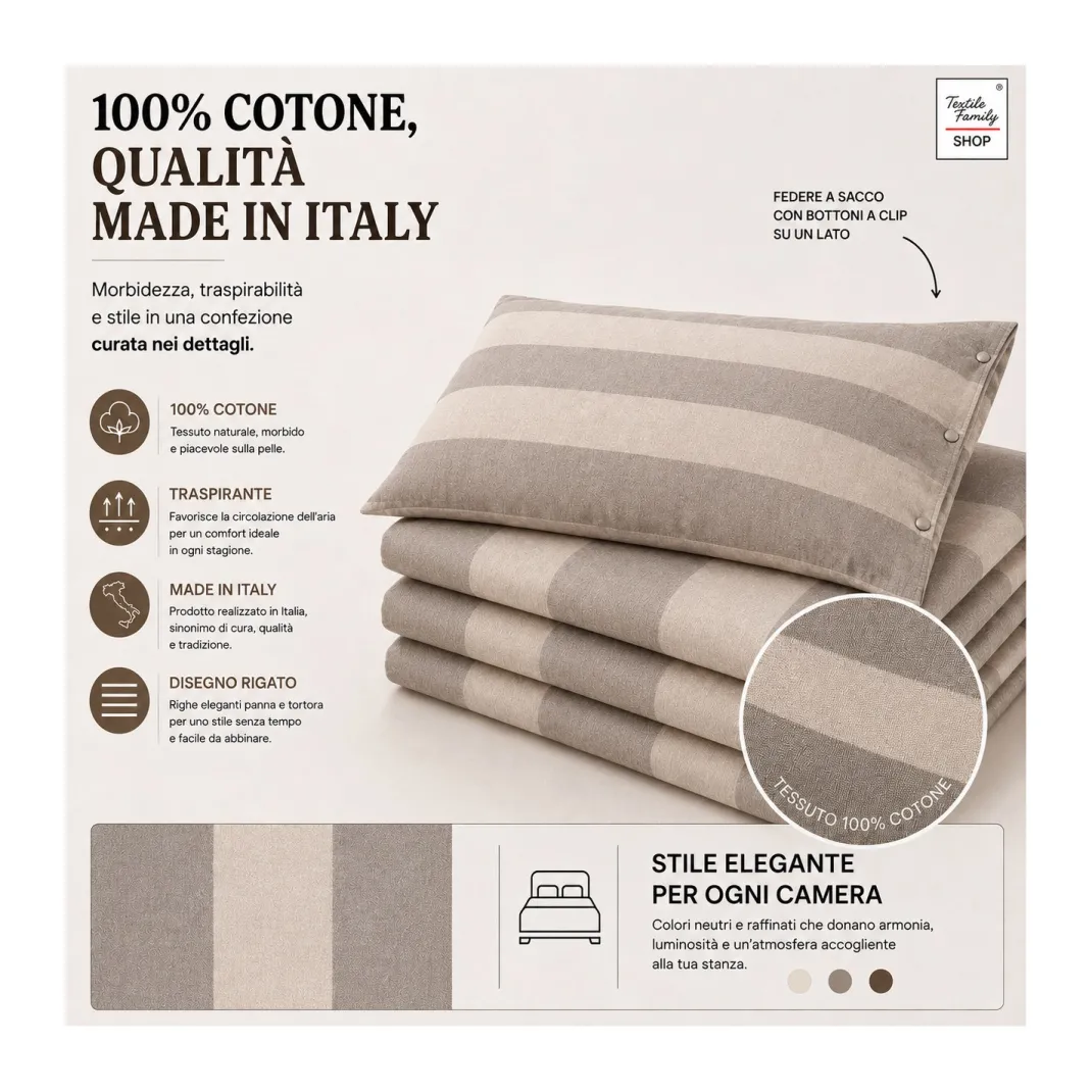 Copripiumino Rigato Francese Panna Tortora - 100% Cotone - Elegante, Made in Italy, Artigianale