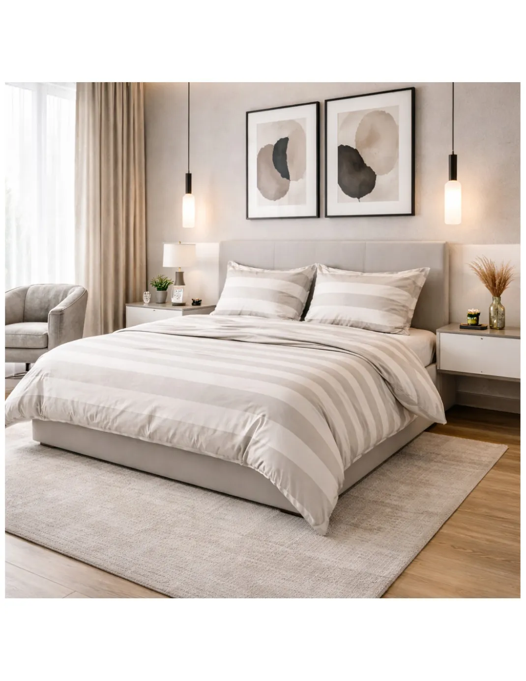 Copripiumino Rigato Francese Panna Tortora - 100% Cotone - Elegante, Made in Italy, Artigianale