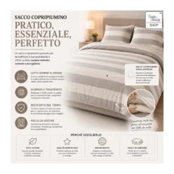 Copripiumino Rigato Francese Panna Tortora - 100% Cotone - Elegante, Made in Italy, Artigianale