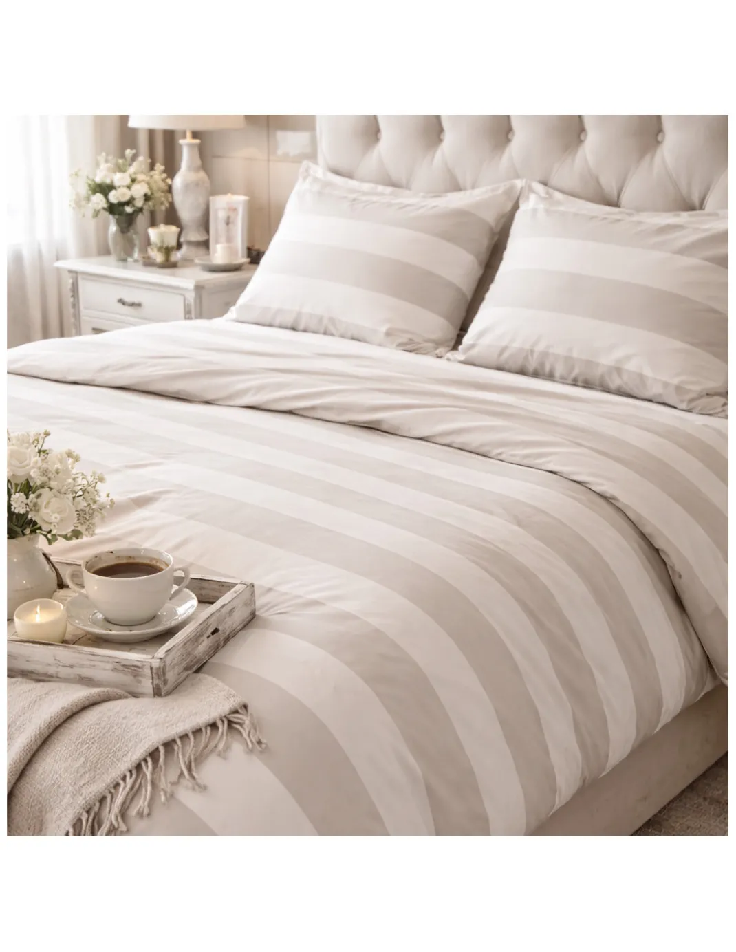 Copripiumino Rigato Francese Panna Tortora - 100% Cotone - Elegante, Made in Italy, Artigianale