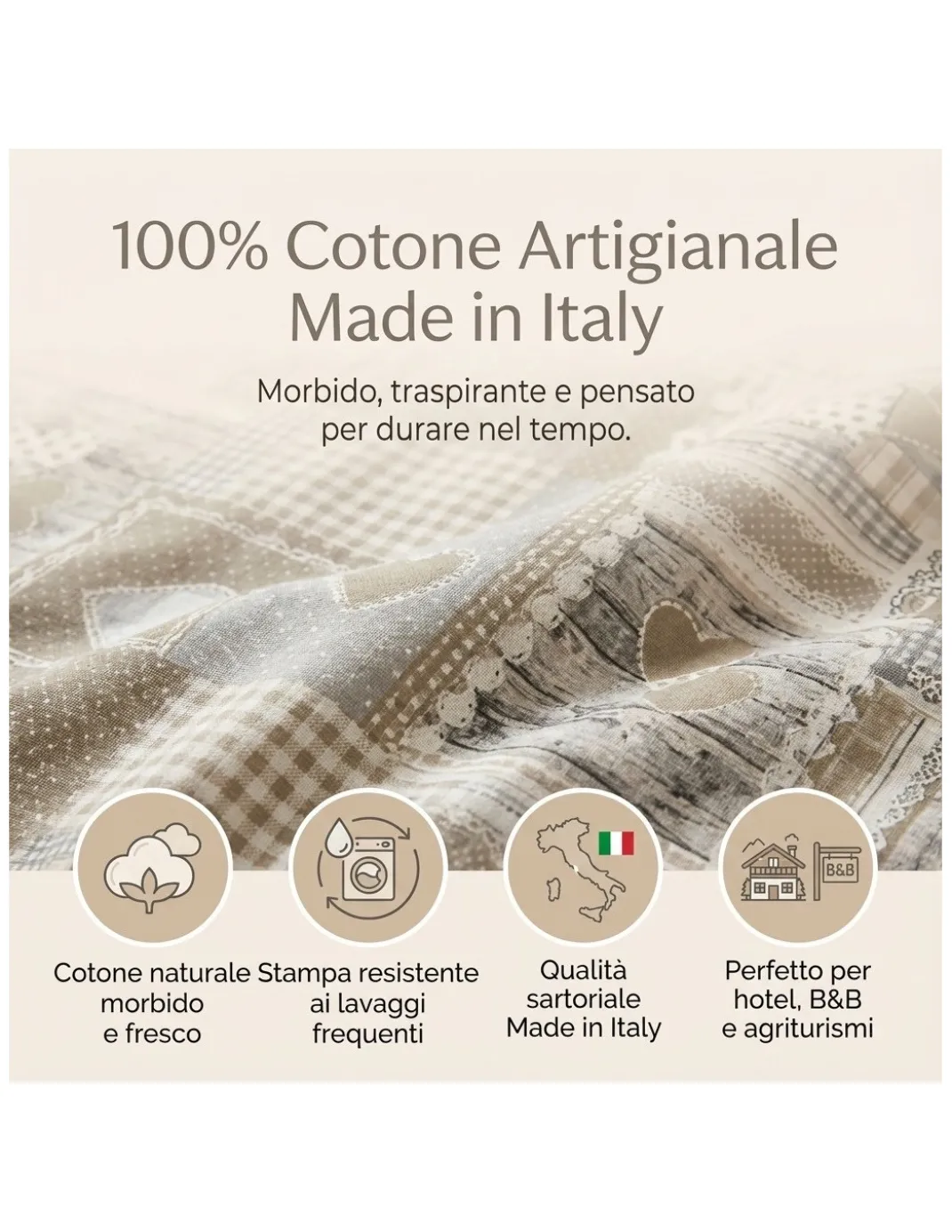 Copripiumino Tirolese Cuori “Aprica” Beige – Cotone 100% Artigianale Made in Italy