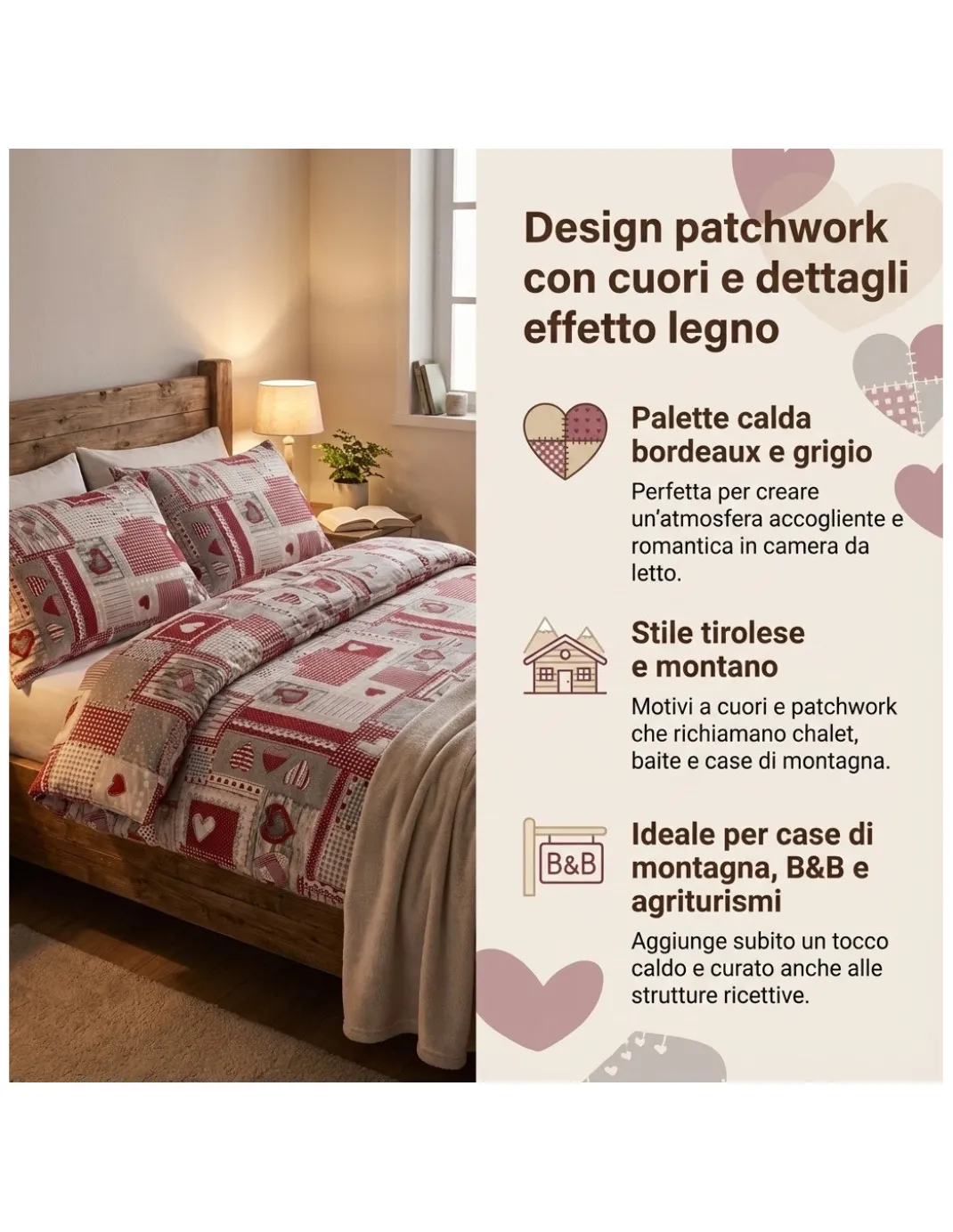Copripiumino Tirolese Cuori “Aprica” Bordeaux – Cotone 100% Artigianale Made in Italy