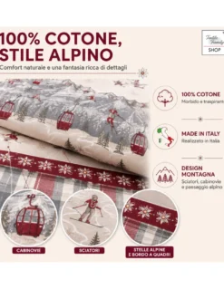 Copripiumino Tirolese Rush 100% Cotone Made in Italy con Sciatori, Cabinovie e Patella 40 cm