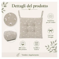 Coprisedia Margherite su Fondo Verde 40x40 con Lacci, 80% Cotone e 20% Poliestere