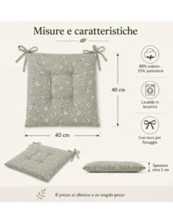 Coprisedia Margherite Verde 40x40 Cuscino Trapuntato con Lacci in Cotone
