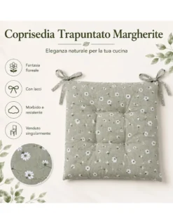 Coprisedia Margherite Verde 40x40 Cuscino Trapuntato con Lacci in Cotone