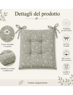 Coprisedia Margherite Verde 40x40 Cuscino Trapuntato con Lacci in Cotone