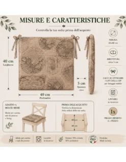 Coprisedia 40x40 Sfoderabile Stampa Mondo Marrone, Cuscino Sedia con Lacci in Loneta Made in Italy