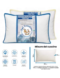 Cuscino in Piuma d'Oca 50x80 Trentino - Guanciale Letto Morbido Cotone Twill Anallergico