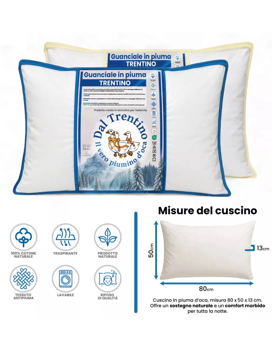 Cuscino in Piuma d'Oca 50x80 Trentino - Guanciale Letto Morbido Cotone Twill Anallergico