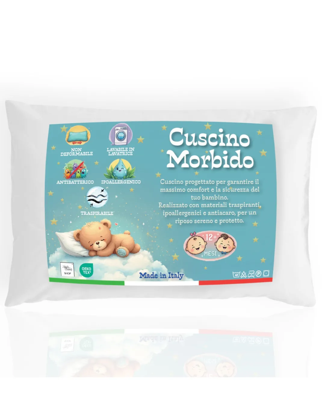 Cuscino Lettino Bambino 40x60 cm, Traspirante, Anallergico, Antiacaro, Cotone 100% Made in Italy, Morbido e Sicuro per Neonati