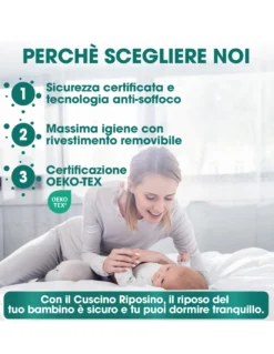 Cuscino Riposino Baby Memory Foam 30x40 cm - Traspirante, Antisoffoco, Sfoderabile - Made in Italy