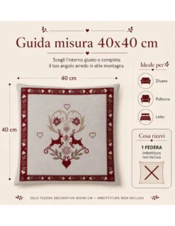 Federa Cuscino Arredo Tirolese 40x40 Cervi e Cuori Ecrù Bordeaux Made in Italy