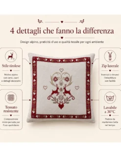 Federa Cuscino Arredo Tirolese 40x40 Cervi e Cuori Ecrù Bordeaux Made in Italy