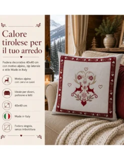 Federa Cuscino Arredo Tirolese 40x40 Cervi e Cuori Ecrù Bordeaux Made in Italy