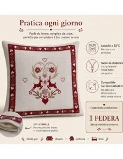 Federa Cuscino Arredo Tirolese 40x40 Cervi e Cuori Ecrù Bordeaux Made in Italy