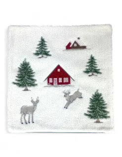 Federa Cuscino Arredo Tirolese con Cervo e Casina - Pile Agnellato Bianco Invernale 40x40 cm - Made in Italy