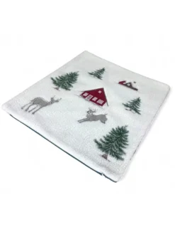 Federa Cuscino Arredo Tirolese con Cervo e Casina - Pile Agnellato Bianco Invernale 40x40 cm - Made in Italy