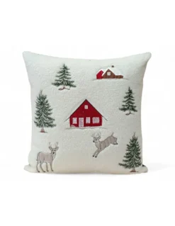 Federa Cuscino Arredo Tirolese con Cervo e Casina - Pile Agnellato Bianco Invernale 40x40 cm - Made in Italy