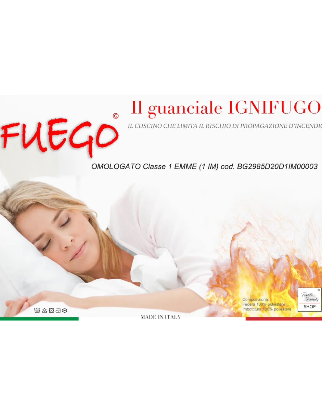 GUANCIALE Cuscino IGNIFUGO ANTIFIAMMA Made in Italy