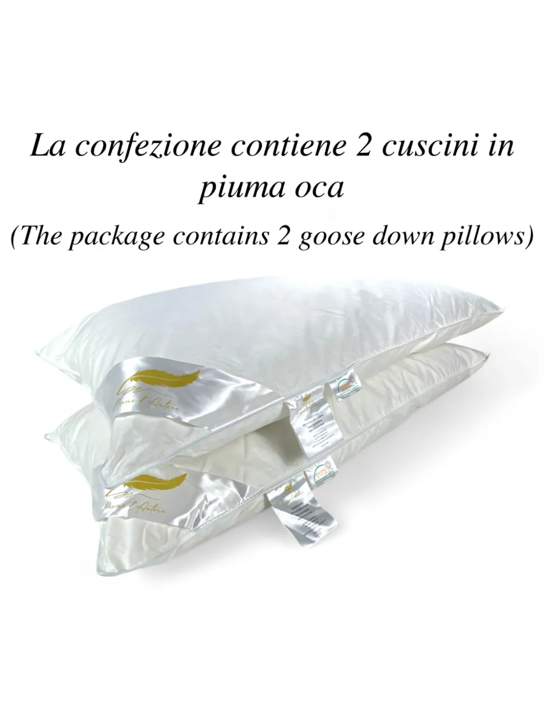 Guanciali Piume d'Autore, Set di 2 Cuscini Letto Matrimoniale Piuma d'Oca 50x80 cm, 1100g, Morbidi, Ipoallergenici e Ergonomici