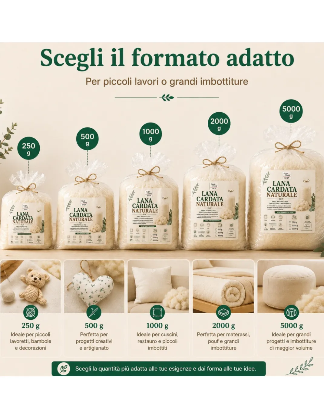 Lana Cardata Naturale per Imbottitura Cuscini, Materassi, Peluche e Artigianato