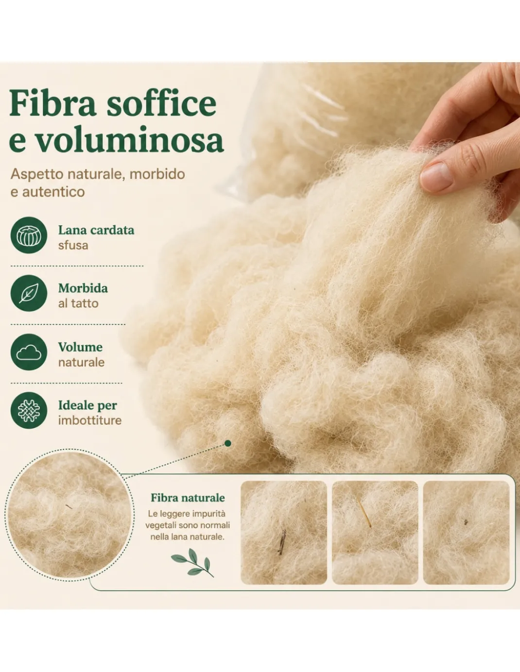 Lana Cardata Naturale per Imbottitura Cuscini, Materassi, Peluche e Artigianato