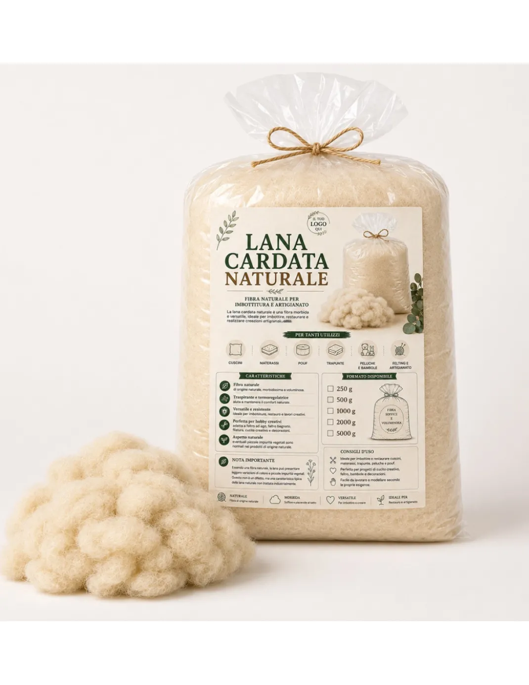 Lana Cardata Naturale per Imbottitura Cuscini, Materassi, Peluche e Artigianato