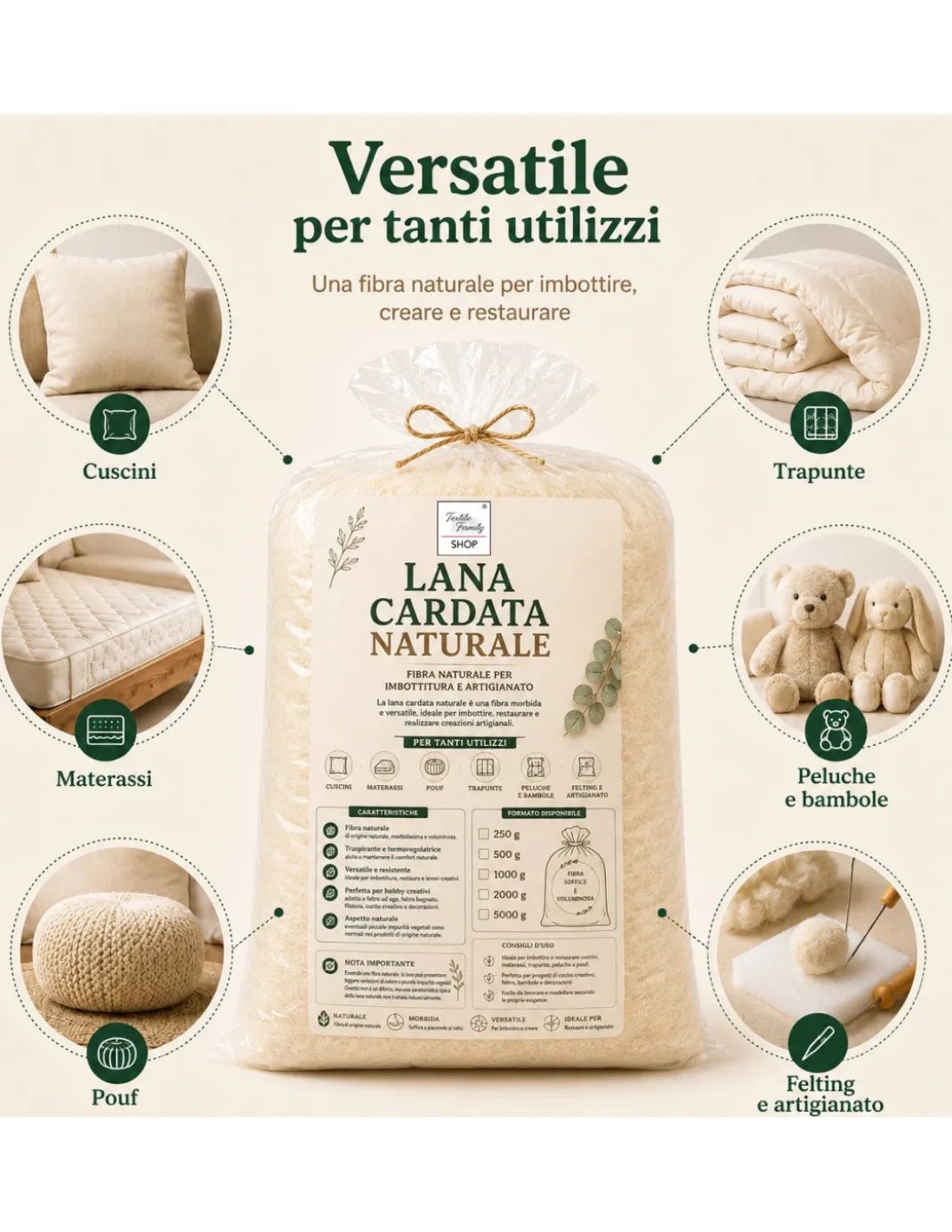 Lana Cardata Naturale per Imbottitura Cuscini, Materassi, Peluche e Artigianato
