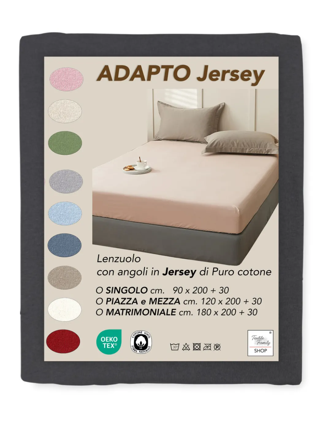 Lenzuola Sotto con Angoli Adapto Jersey Antracite - Cotone Elasticizzato H30cm - Singolo, Piazza e Mezza, Matrimoniale