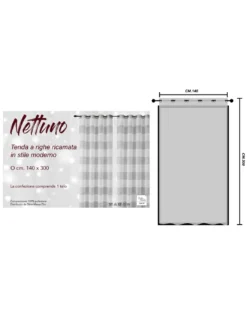 Nettuno Ricamata a Righe 140x300 cm Grigio con Lurex - Stile Moderno - Poliestere Semitrasparente con Anelli​