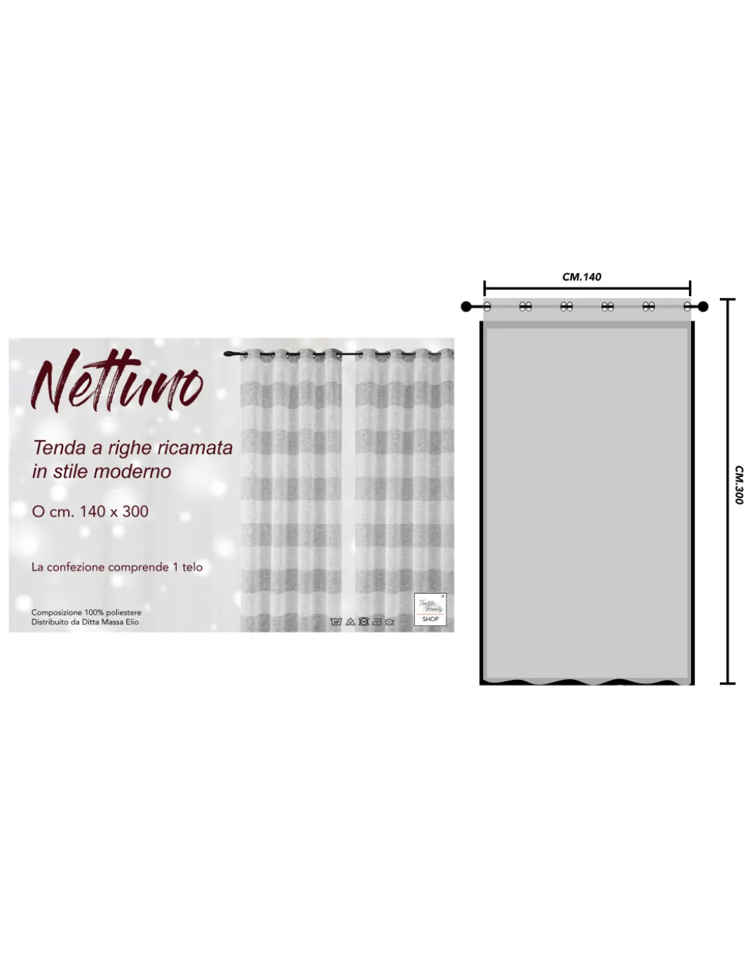 Nettuno Ricamata a Righe 140x300 cm Grigio con Lurex - Stile Moderno - Poliestere Semitrasparente con Anelli