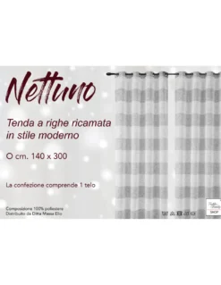 Nettuno Ricamata a Righe 140x300 cm Grigio con Lurex - Stile Moderno - Poliestere Semitrasparente con Anelli