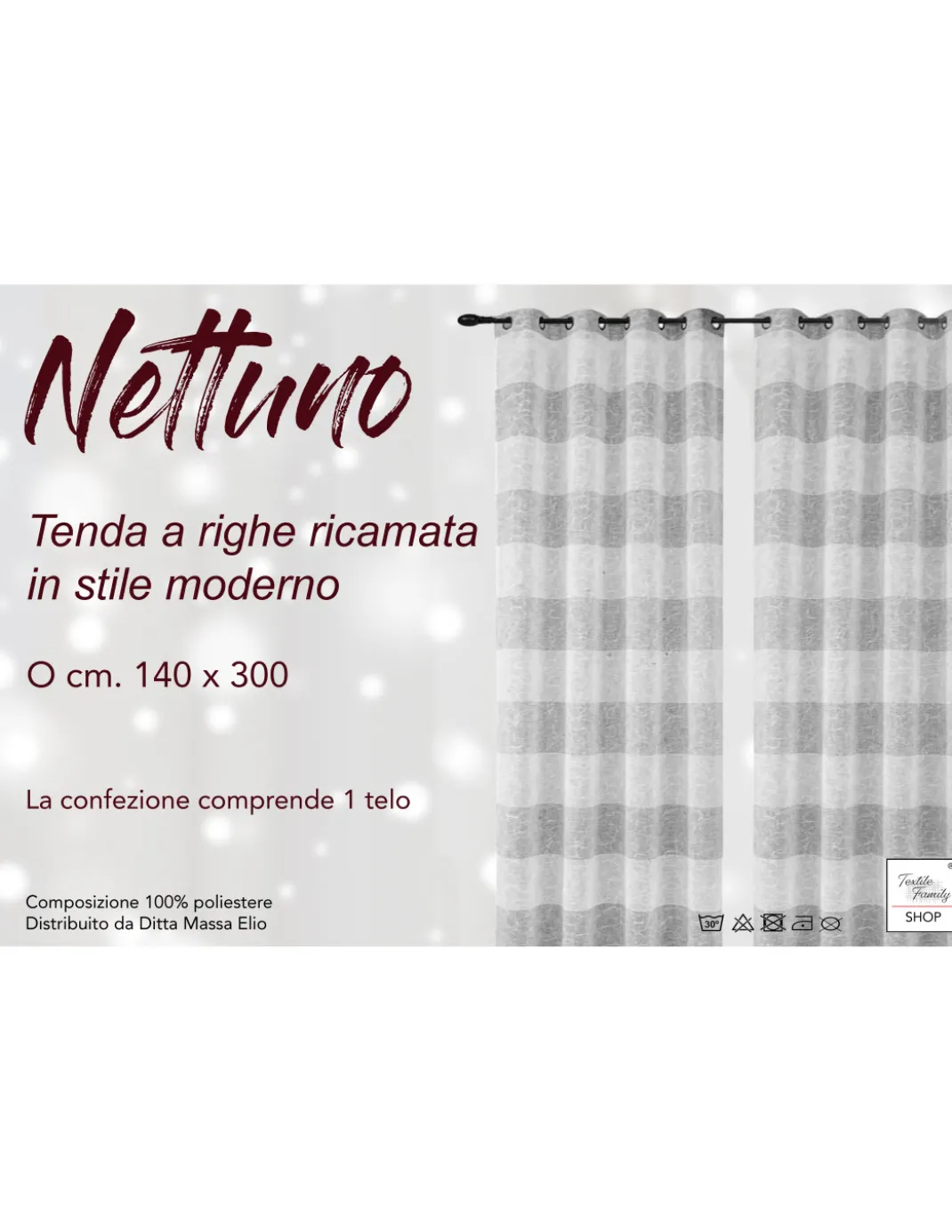 Nettuno Ricamata a Righe 140x300 cm Grigio con Lurex - Stile Moderno - Poliestere Semitrasparente con Anelli