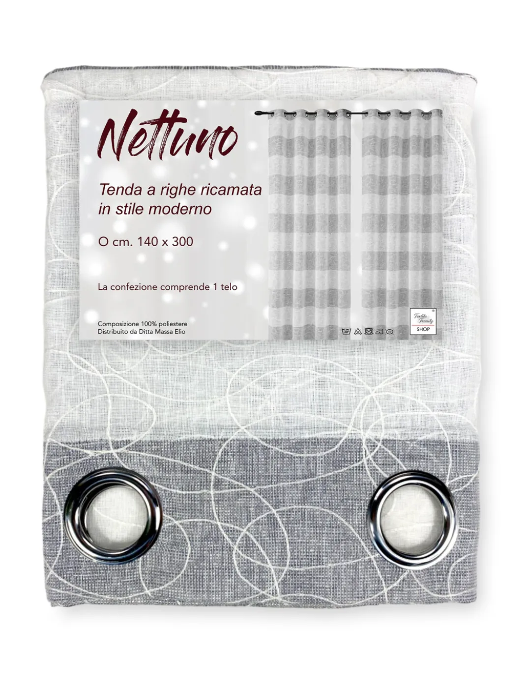 Nettuno Ricamata a Righe 140x300 cm Grigio con Lurex - Stile Moderno - Poliestere Semitrasparente con Anelli