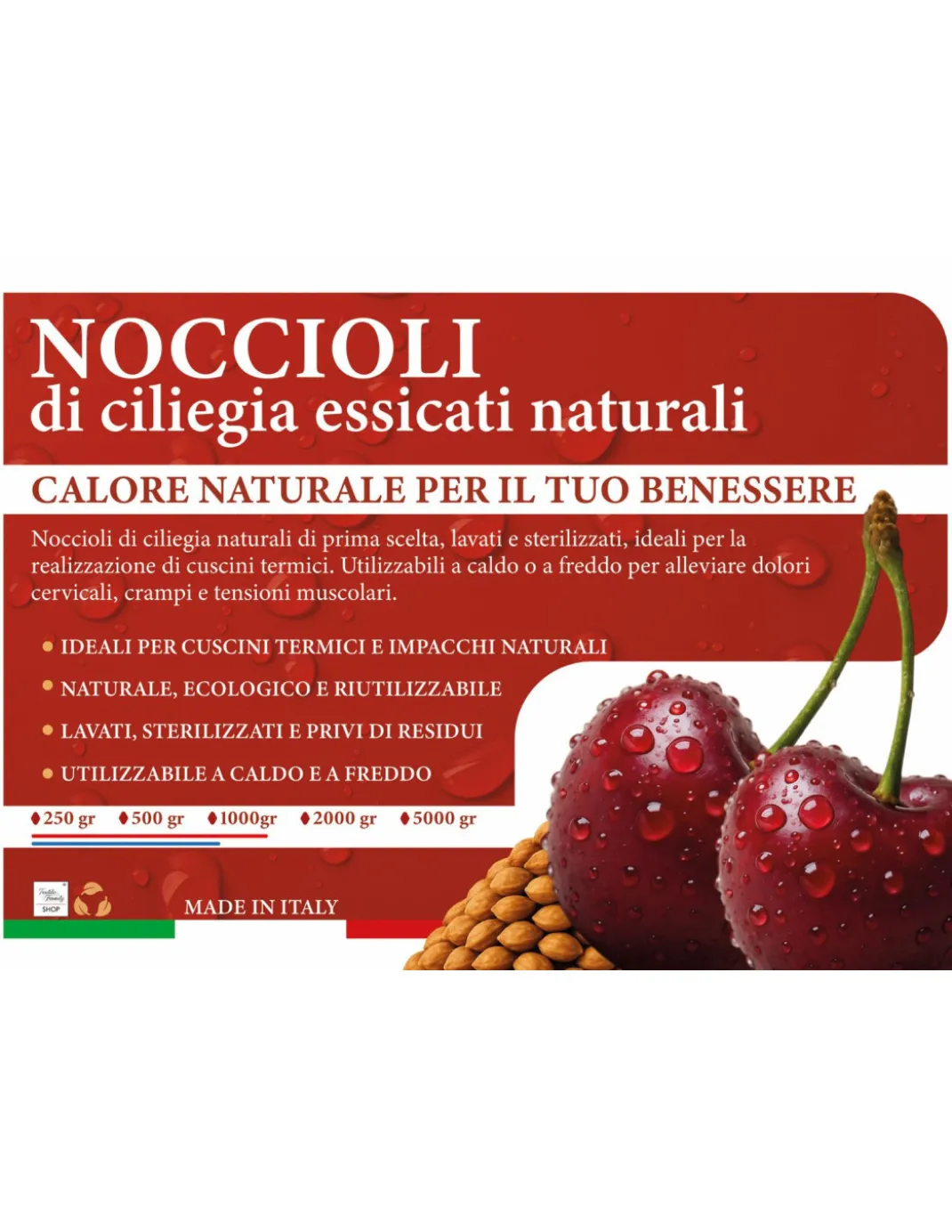 Noccioli di Ciliegia Naturali Lavati e Sterilizzati - Ideali per Cuscini Termici, Relax e Artigianato Made in Italy