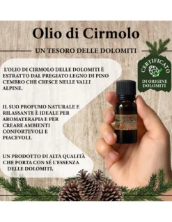 Olio Essenziale di Cirmolo Dolomiti – Pino Cembro Naturale per Aromaterapia, Diffusori e Cuscini in Cirmolo – Made in Italy