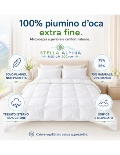Piumino d’Oca Tex Tirol Stella Alpina Medium 200 GSM, 100% Piumino Extra Fine, Cotone 100%, 3*** Medium