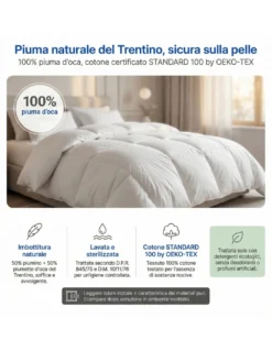 Piumino d’Oca Trentino 4 Stagioni, 2 Piumini Separabili, Soffice, Versatile, 50% Piumino e 50% Piuma d’Oca, Certificato OEKO-TEX