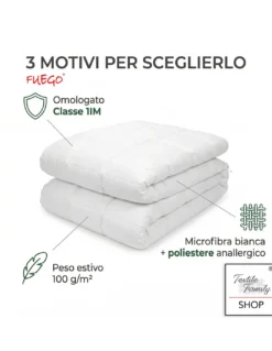 Piumino Estivo Ignifugo Classe 1IM, Microfibra Bianca, 100 g/m², Made in Italy, Linea Fuego