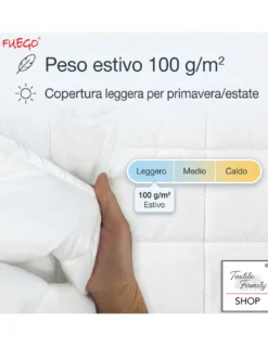 Piumino Estivo Ignifugo Classe 1IM, Microfibra Bianca, 100 g/m², Made in Italy, Linea Fuego