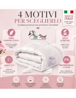 Piumino Estivo Matrimoniale Tex Tirol Vipiteno Light 100% Piumino d’Oca, Made in Italy 250x200 cm