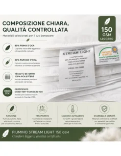 Piumino Oca Estivo Stream Light 150 GSM, 80% Piuma 20% Piumino, Bianco, Matrimoniale 250x200