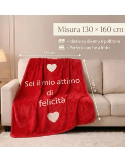 Plaid Caldo Felicità 130x160 cm - Flannel Pelliccia Rasata Rosso con Cuori, Idea Regalo San Valentino