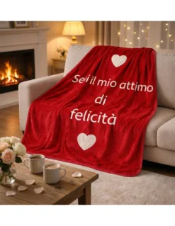Plaid Caldo Felicità 130x160 cm - Flannel Pelliccia Rasata Rosso con Cuori, Idea Regalo San Valentino